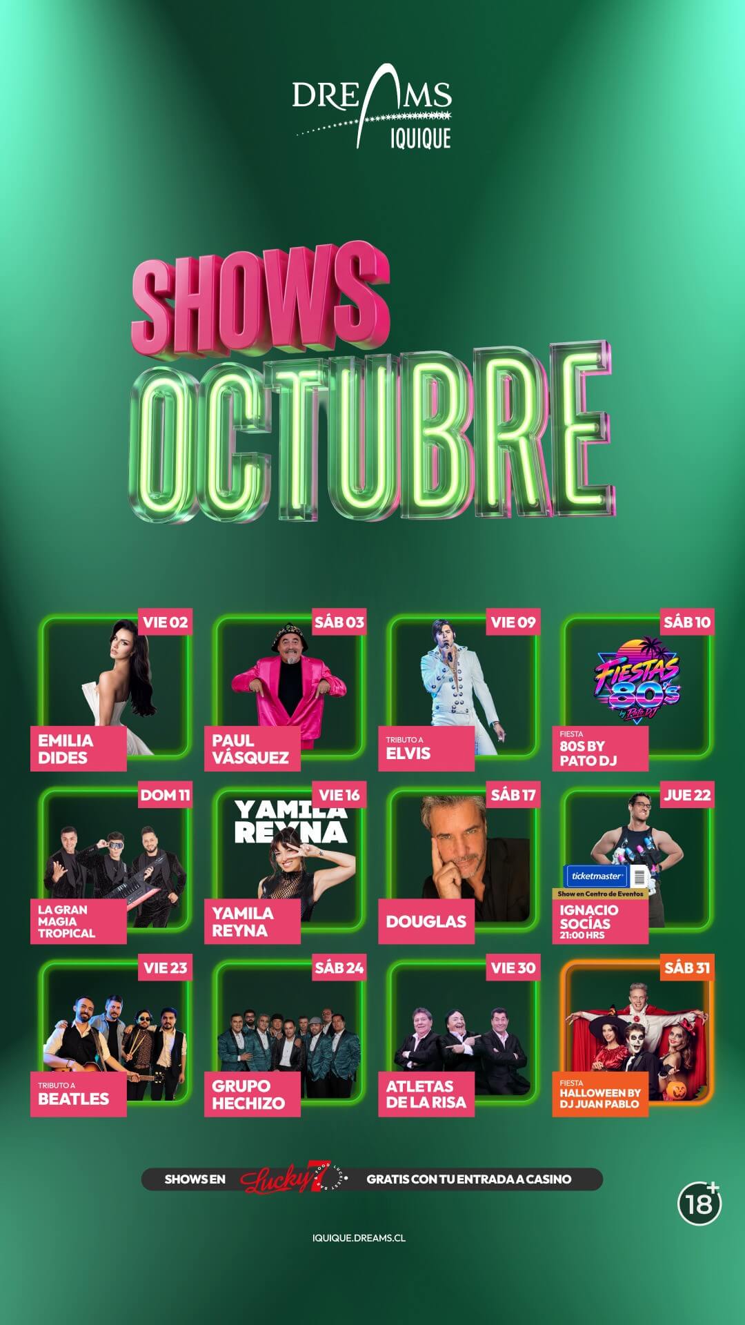 Cartelera de shows de octubre en Bar Lucky 7, Dreams Iquique
