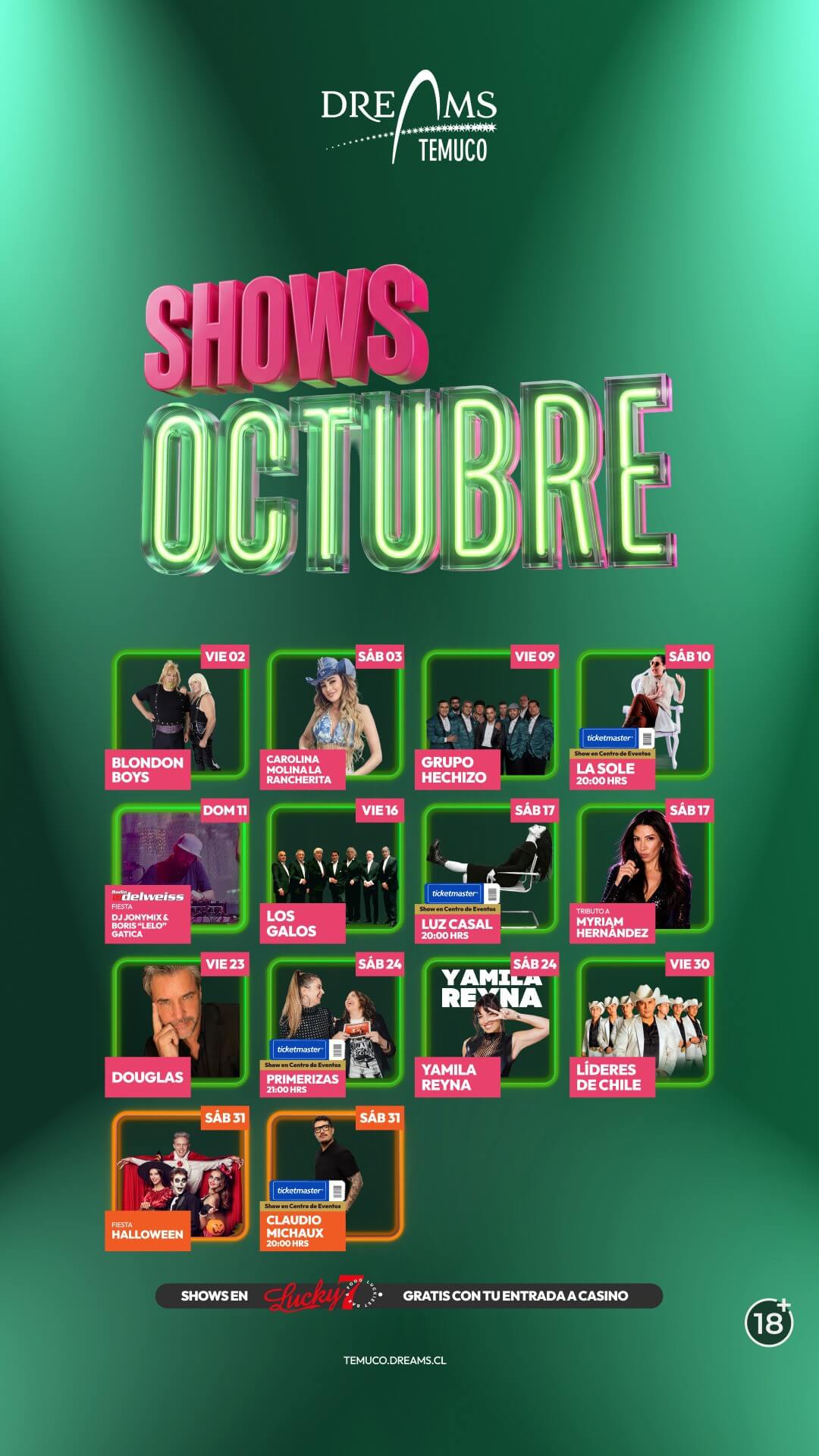 Cartelera de shows de octubre en Bar Lucky 7, Dreams Temuco