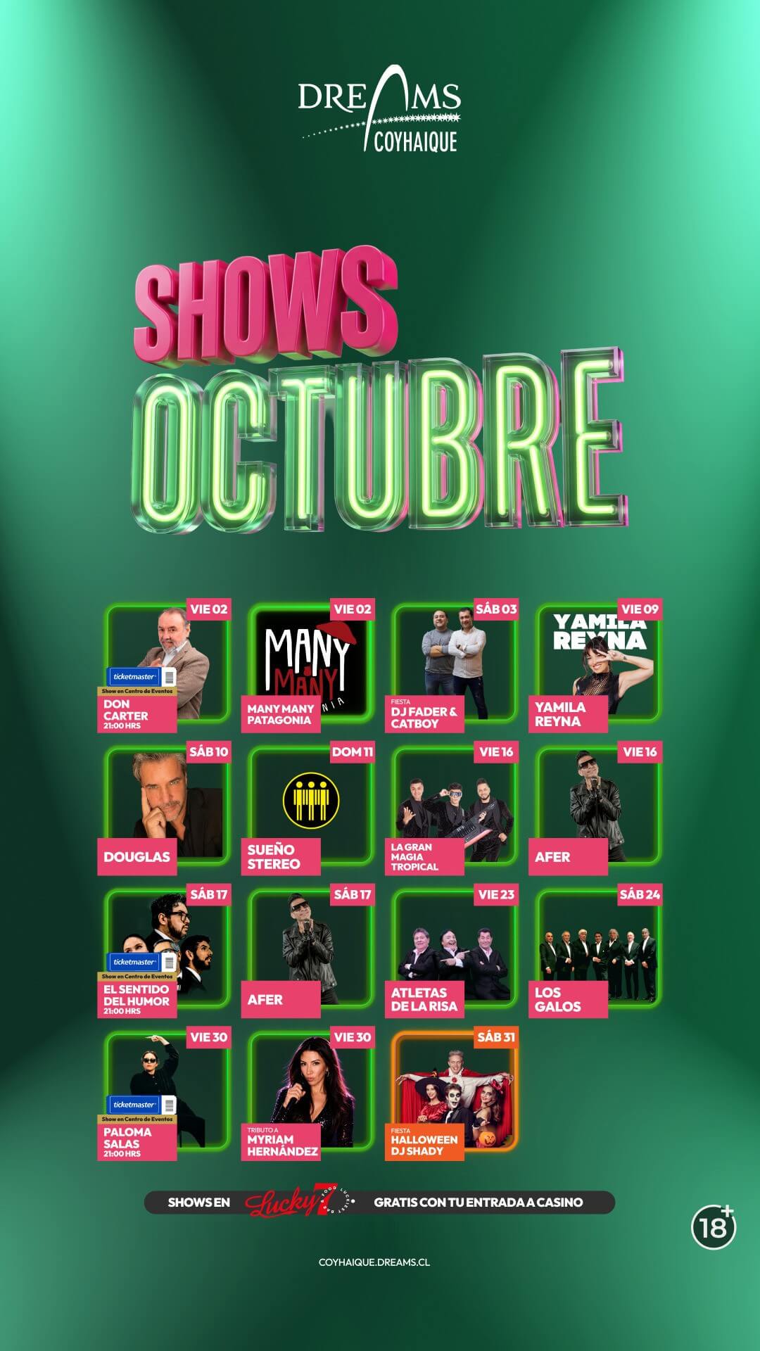Cartelera de shows de octubre en Bar Lucky 7, Dreams Coyhaique