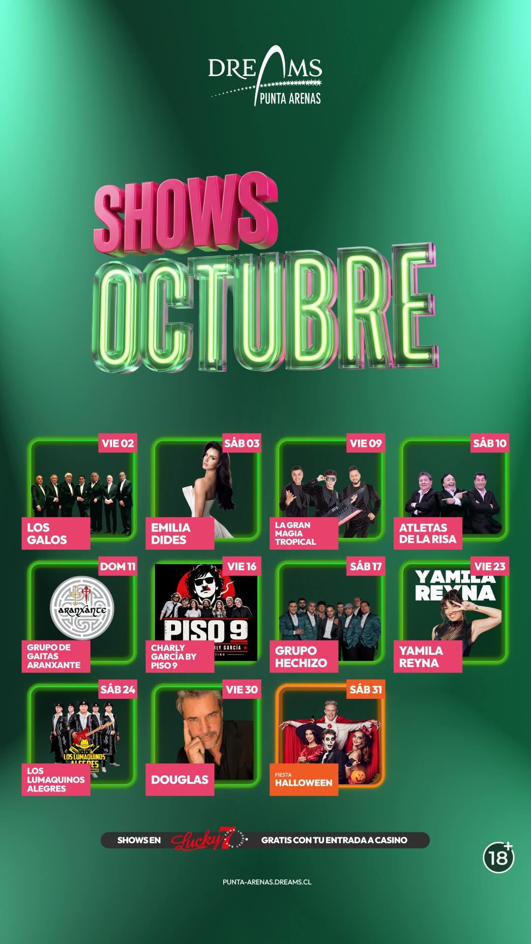 Cartelera de shows de octubre en Bar Lucky 7, Dreams Punta Arenas